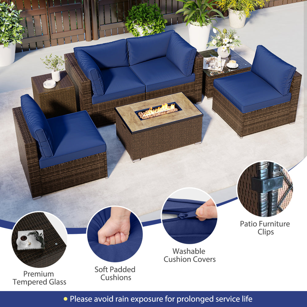 7-piece outdoor furniture set featuring navy soft cushions, PE rattan, and a 32-inch fire pit table for patio.