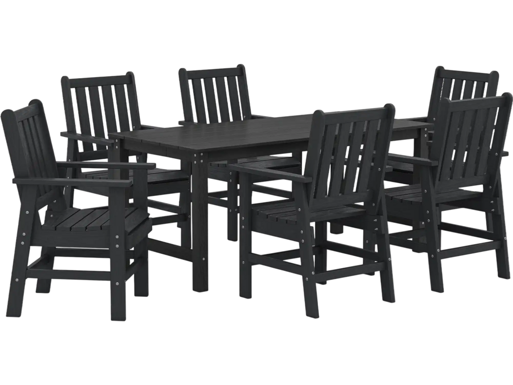 Black 7-piece patio dining set with HDPE weather-resistant table and chairs, perfect for outdoor dining and relaxation.