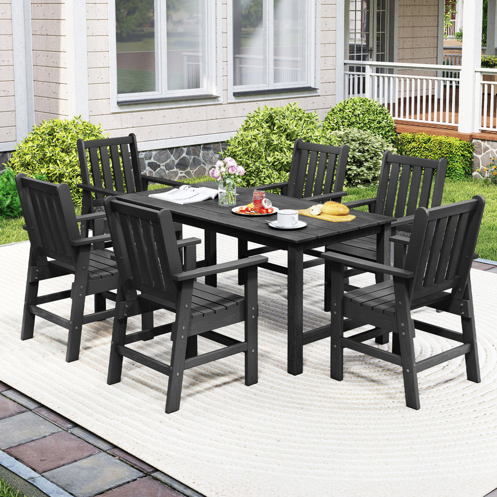 7 Pieces Patio Dining Set Outdoor HDPE Weather Resistant Table and Chairs Set-Black - Gallery View 1 of 11