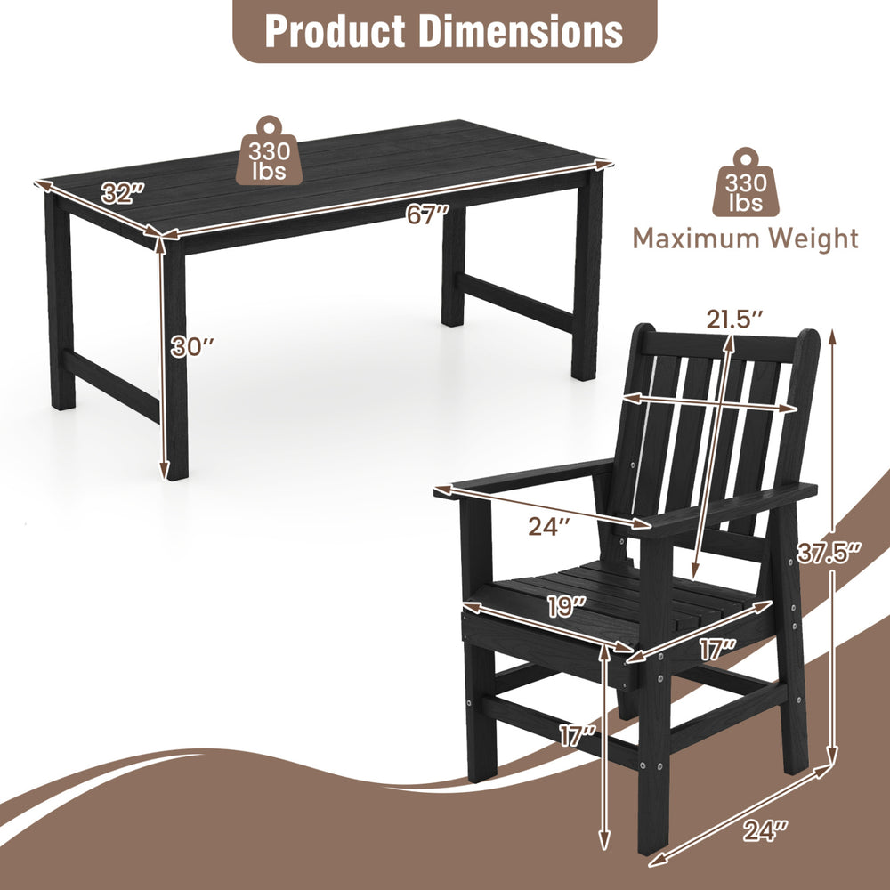 Patio dining set dimensions showing a 67" table and a chair with armrests, made of weather-resistant HDPE for outdoor.