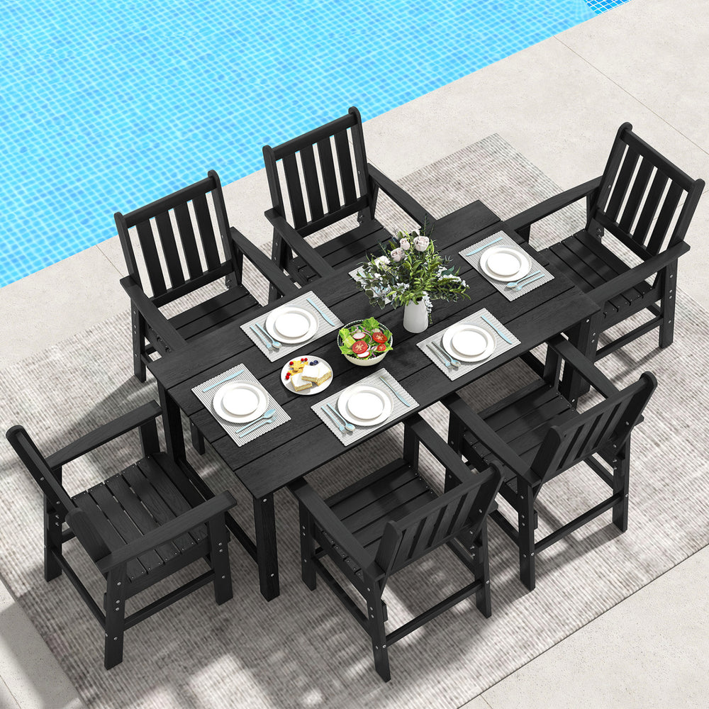 7-piece black patio dining set featuring a large table and comfortable chairs, perfect for outdoor gatherings by the.