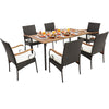 7-piece patio wicker dining set featuring acacia wood tabletop, detachable cushions, and umbrella hole for outdoor.
