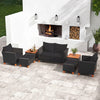 7-piece black PE rattan sectional sofa set with armchairs and acacia wood table, perfect for outdoor patio relaxation.