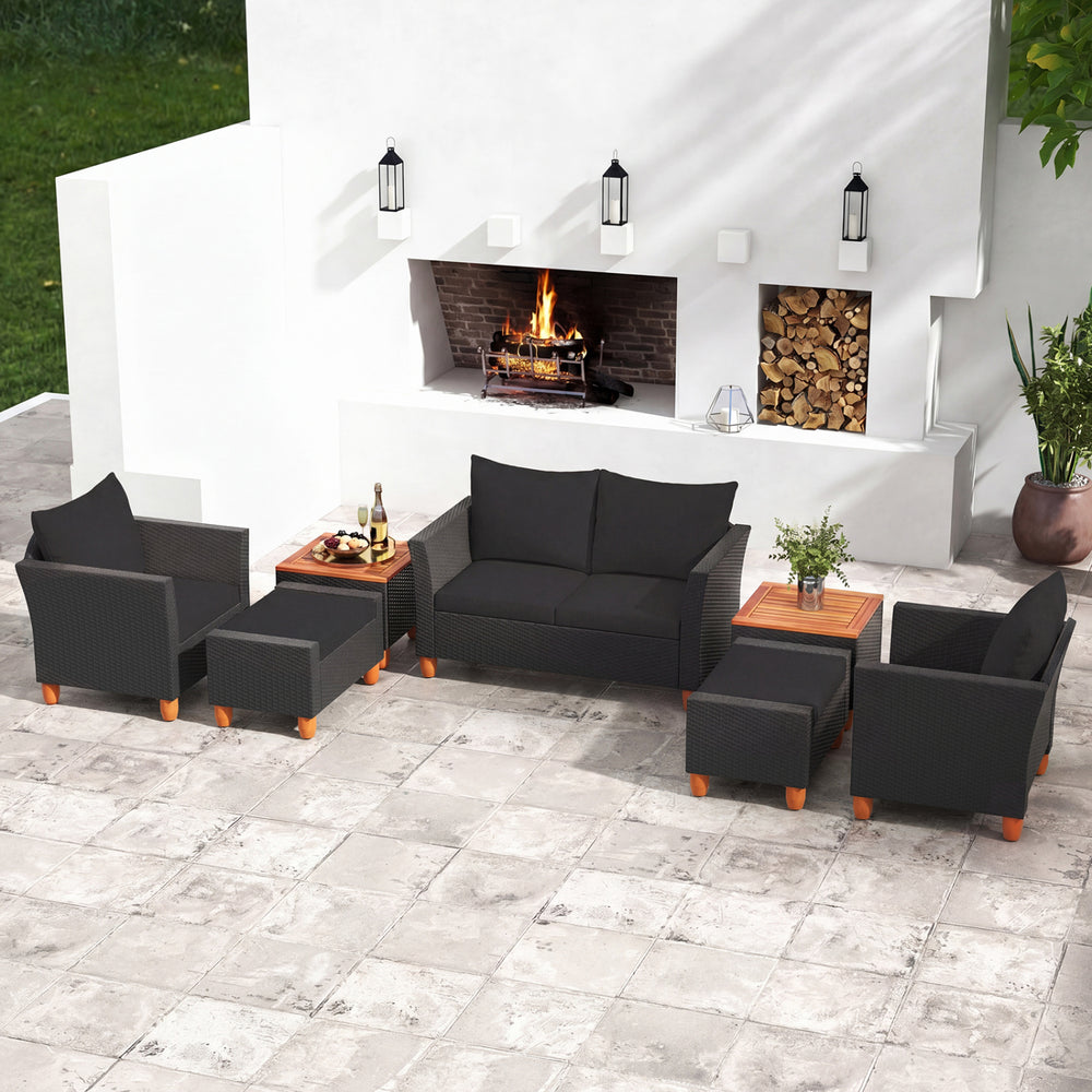 7 Pieces Patio Furniture PE Rattan Sectional Sofa Set with Armchairs and Table-Black - Gallery View 1 of 10