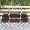 Three-piece patio furniture set featuring black PE rattan armchairs and a table with acacia wood top for outdoor.