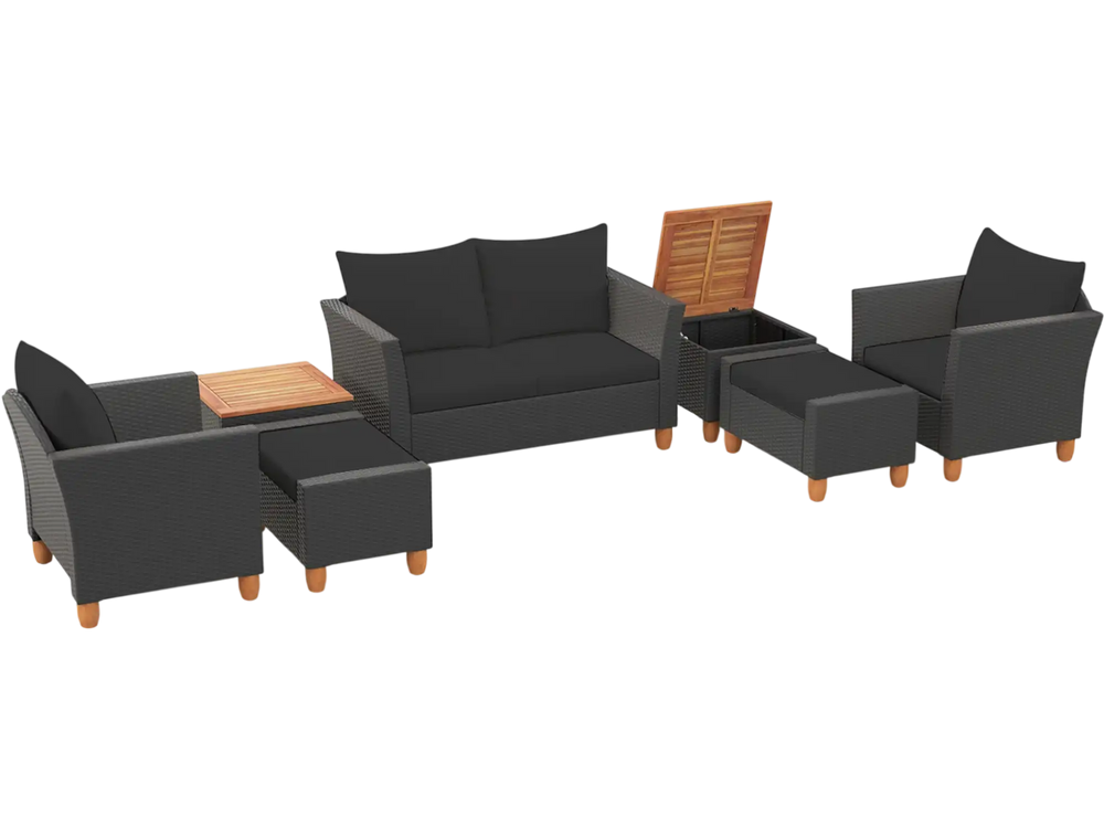 7-piece patio furniture set featuring black PE rattan sectional sofa, armchairs, and acacia wood side table with.