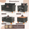 Dimensions of the 7-piece patio furniture set, including loveseat, armchairs, ottomans, and storage tables.