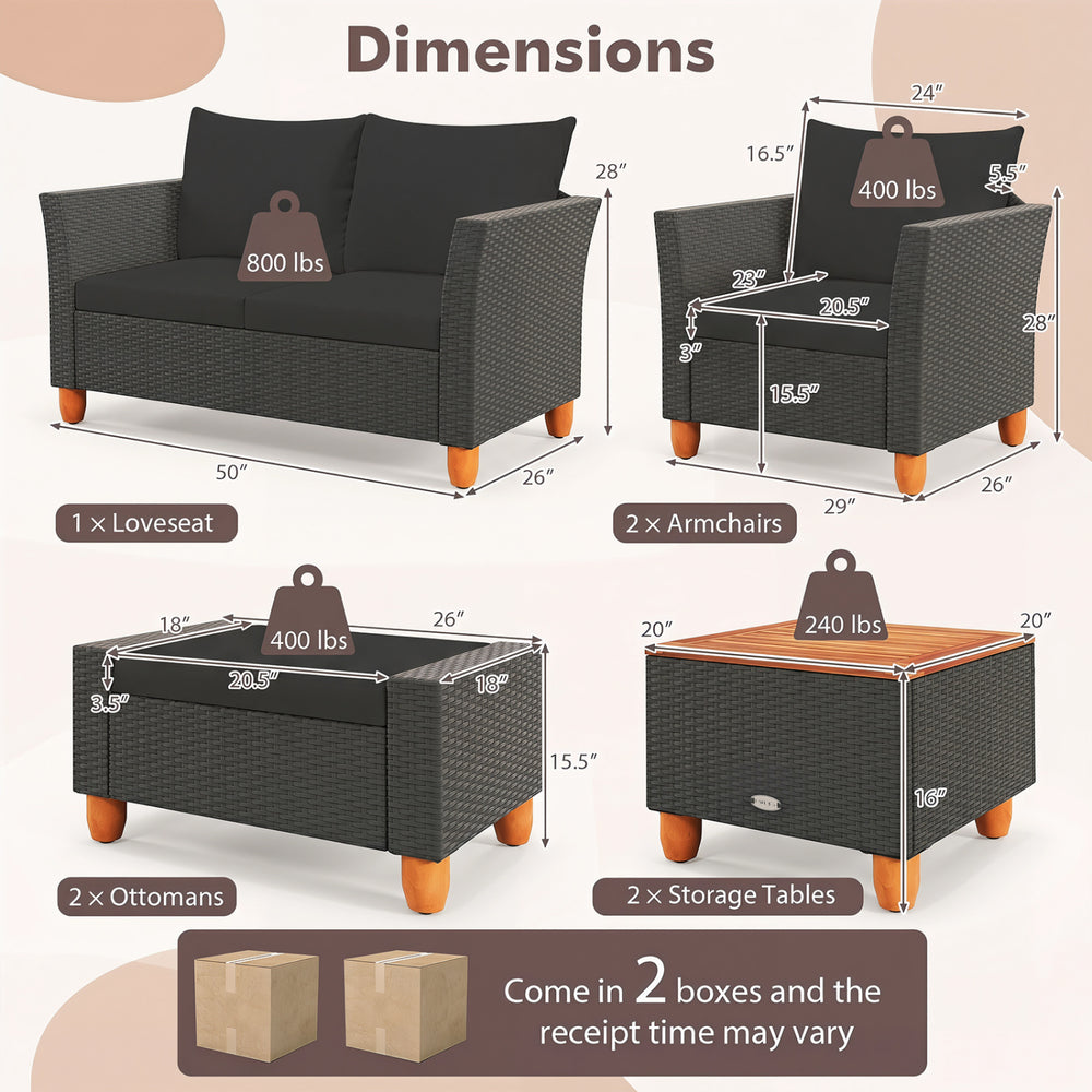 Dimensions of the 7-piece patio furniture set, including loveseat, armchairs, ottomans, and storage tables.