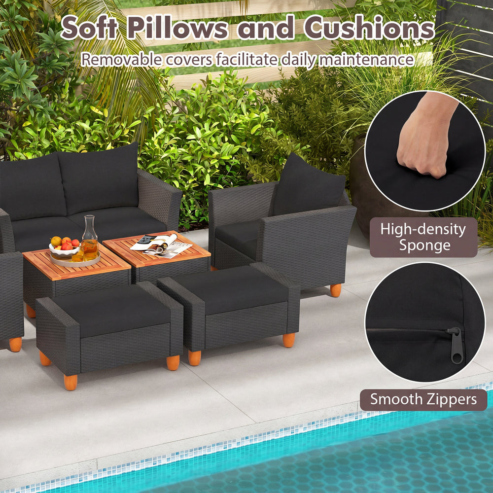 7-piece black patio furniture set featuring soft cushions, removable covers, and a practical side table with storage.