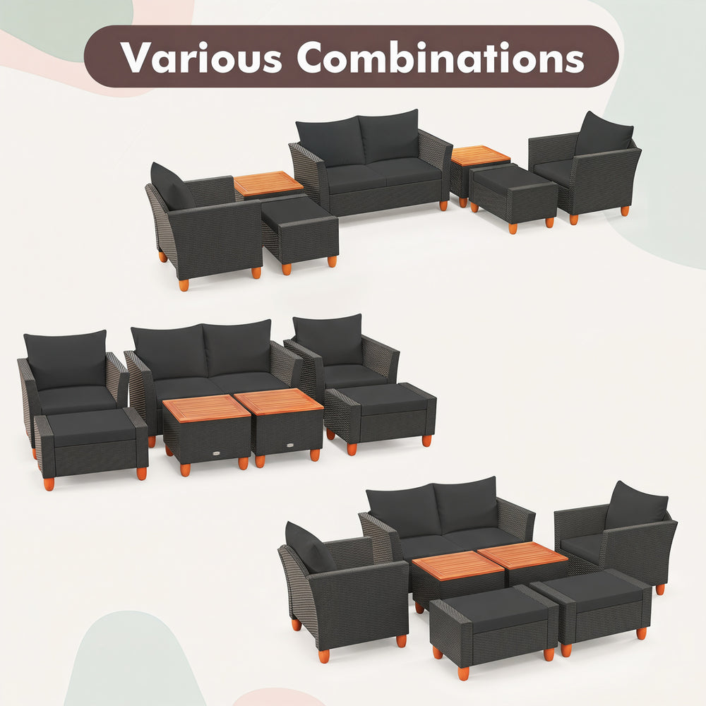 7-piece black PE rattan sectional sofa set with armchairs and table, showcasing various combinations for outdoor spaces.