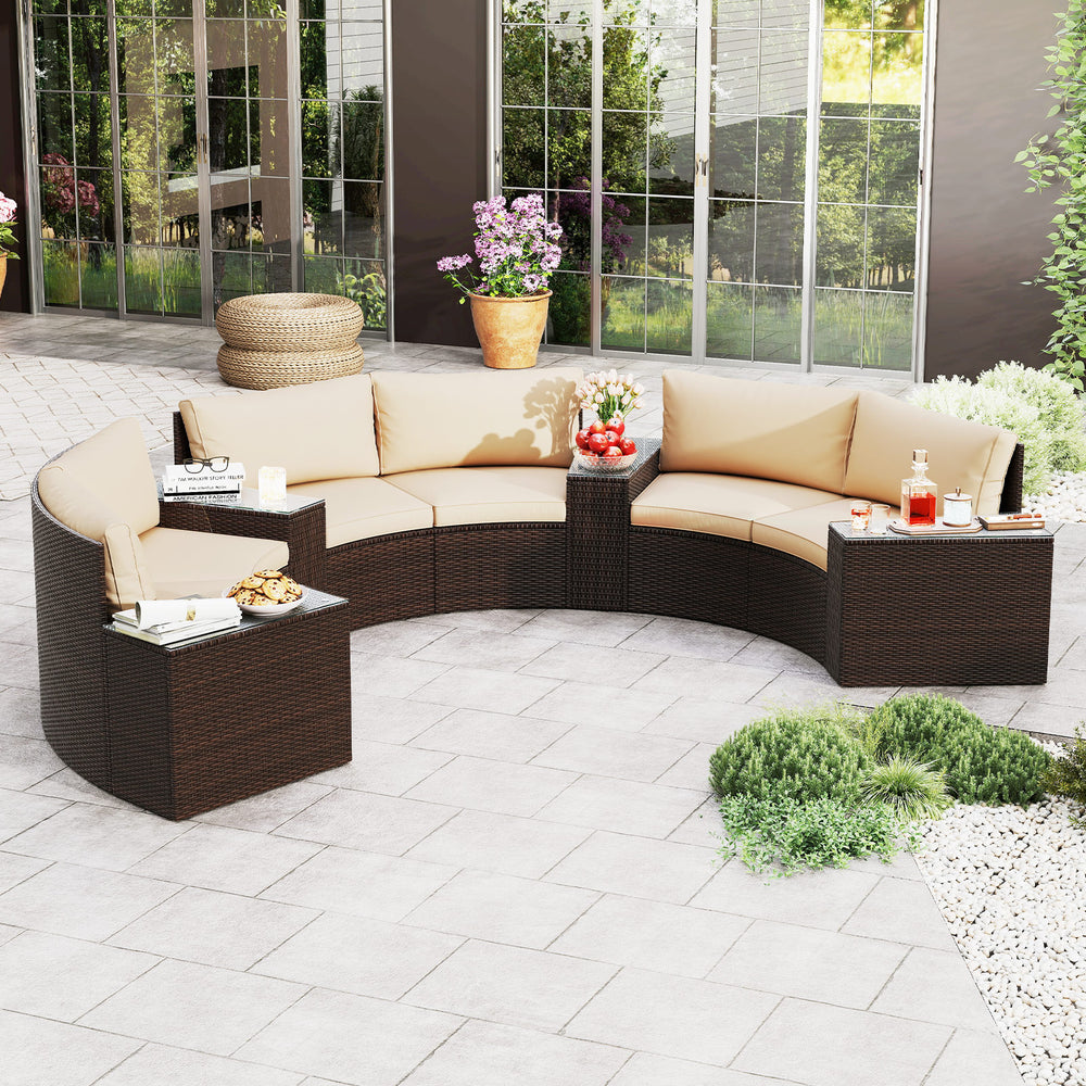 Curved side table in a 7-piece patio furniture set with a tempered glass top, enhancing outdoor functionality and style.