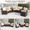 Curved 7-piece patio furniture set in brown PE rattan with cushions and side tables, ideal for outdoor relaxation.