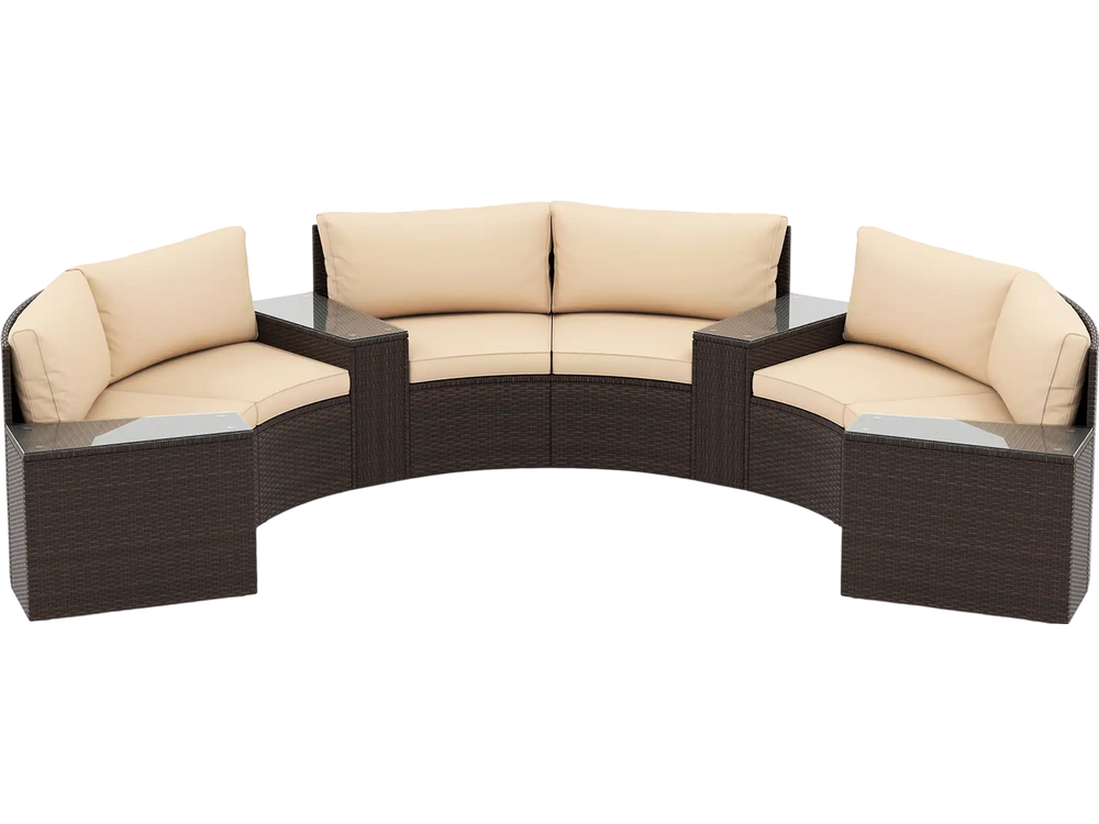 Close-up view of beige sponge-filled cushions on a brown PE rattan curved sofa section, adding comfort to outdoor.