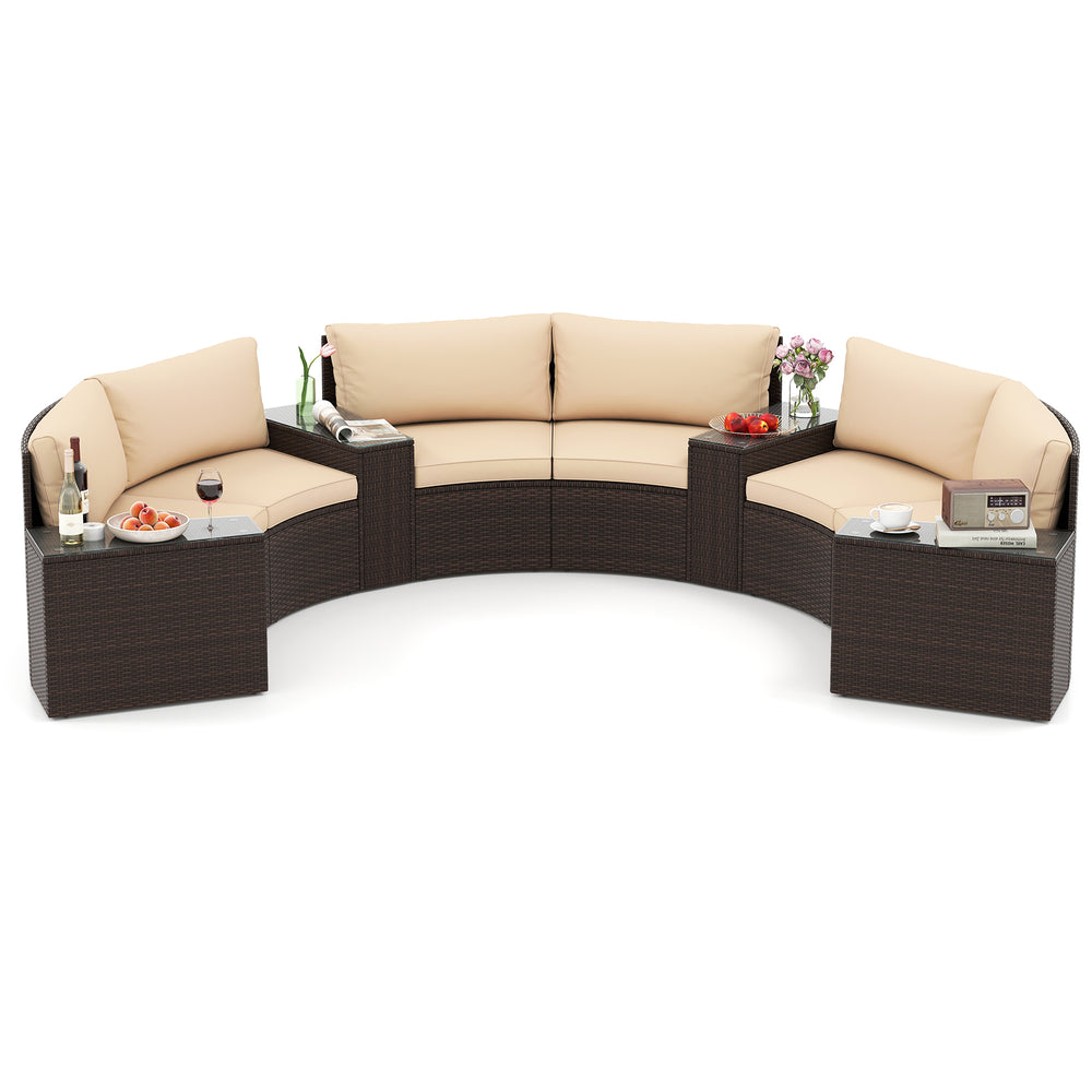 Half-moon curved sofa from a 7-piece patio furniture set, featuring comfortable beige cushions for outdoor enjoyment.