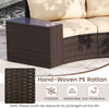 Curved sofa section of a 7-piece patio furniture set in brown PE rattan with a side table, ideal for outdoor relaxation.
