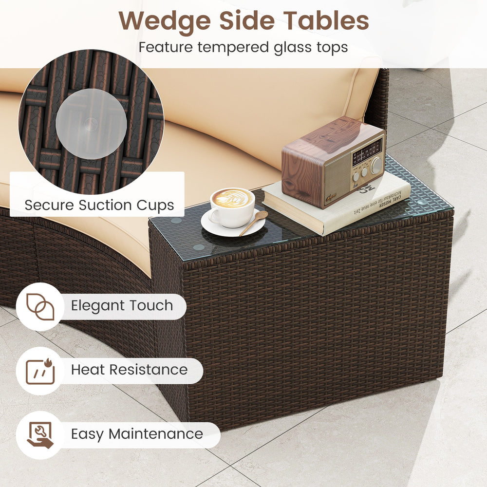 Wedge side table with tempered glass top and secure suction cups, perfect for the 7-piece patio furniture set.