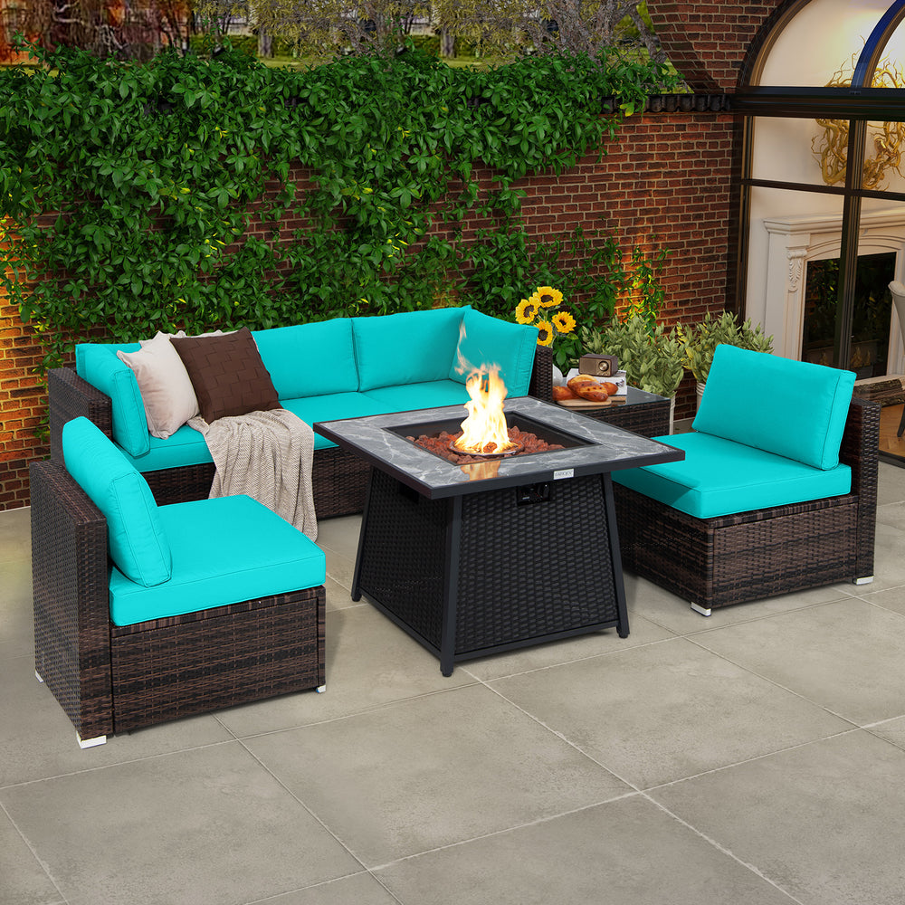 7 Pieces Patio Furniture Set with 35 Inches 50000 BTU Propane Gas Fire Pit Table and Waterproof Cover for Firpit-Turquoise - Gallery View 1 of 10