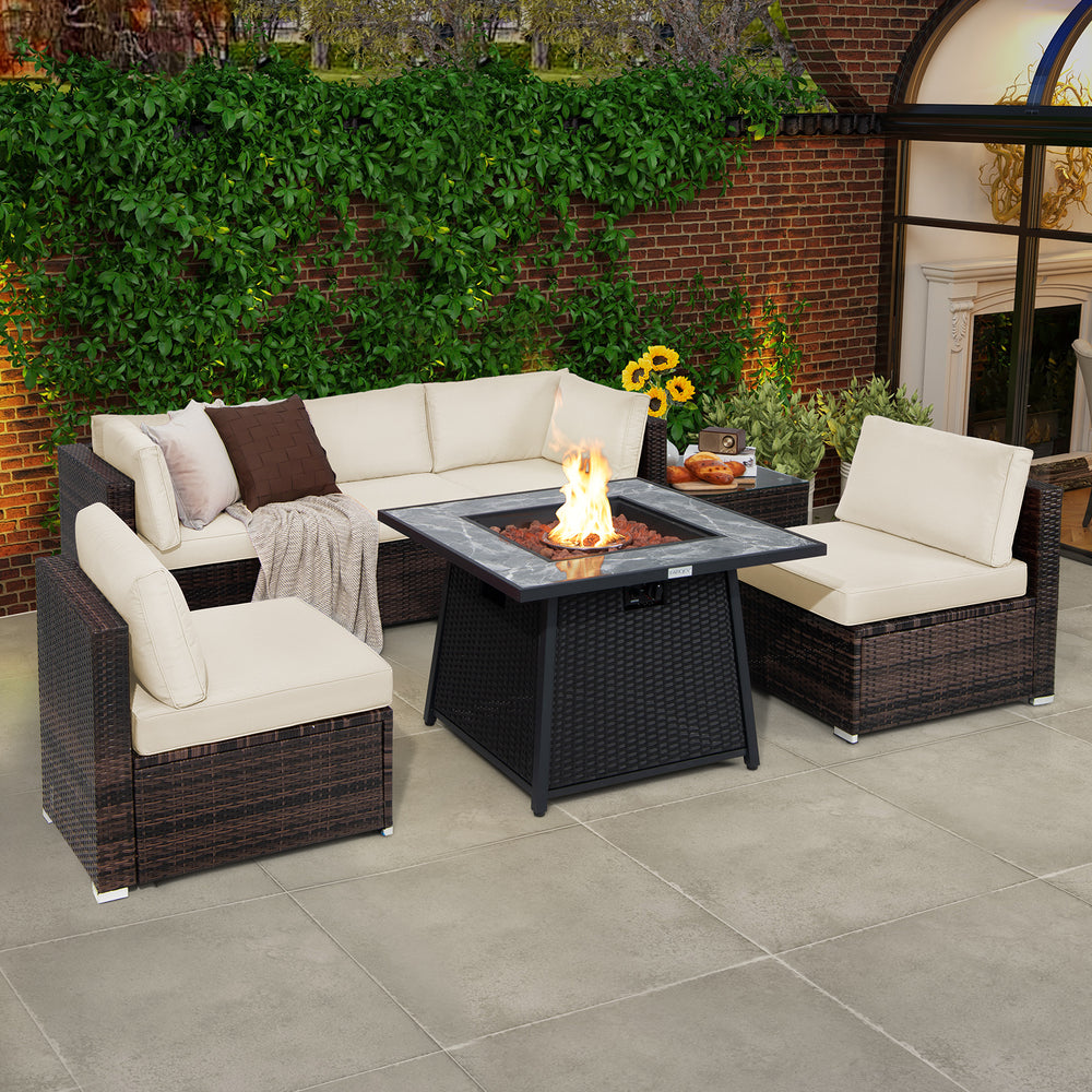 7 Pieces Patio Furniture Set with 35 Inches 50000 BTU Propane Gas Fire Pit Table and Waterproof Cover for Firpit-White - Gallery View 1 of 10