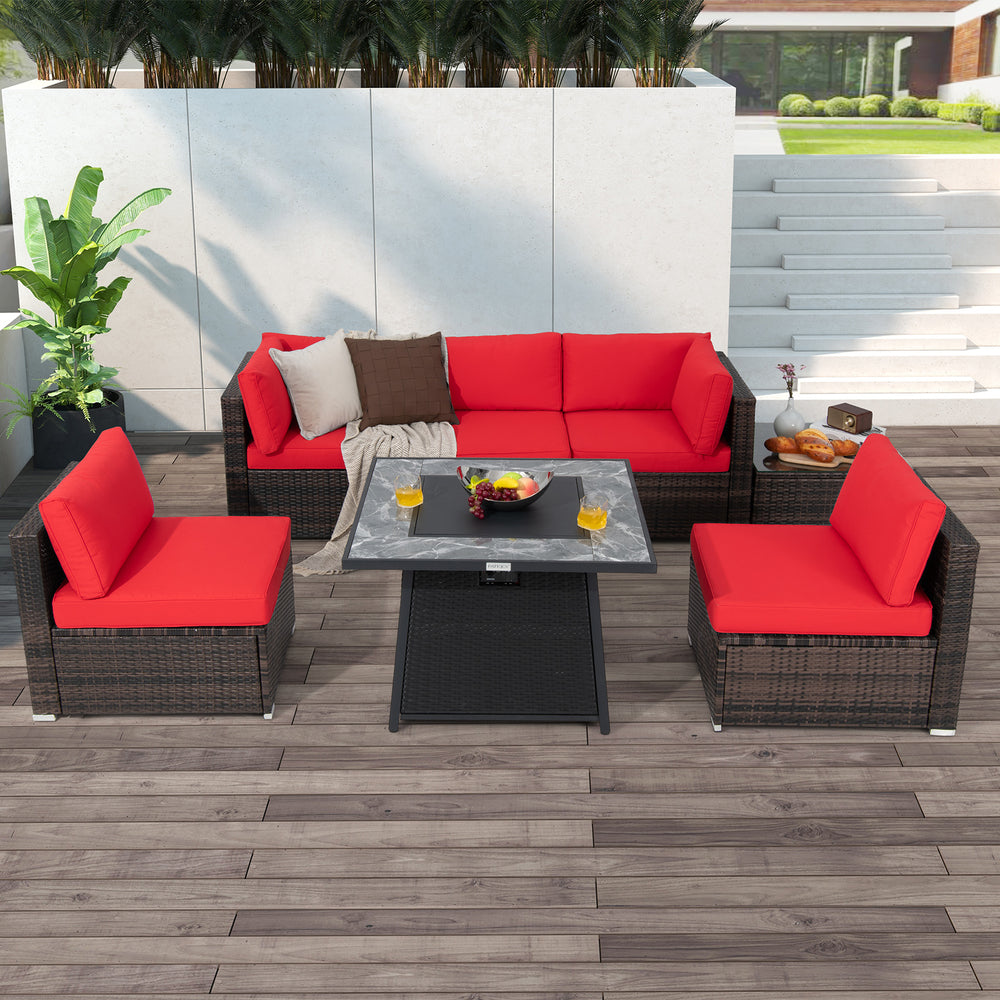 7-piece patio furniture set featuring red cushions and a 35-inch propane gas fire pit table for outdoor relaxation.
