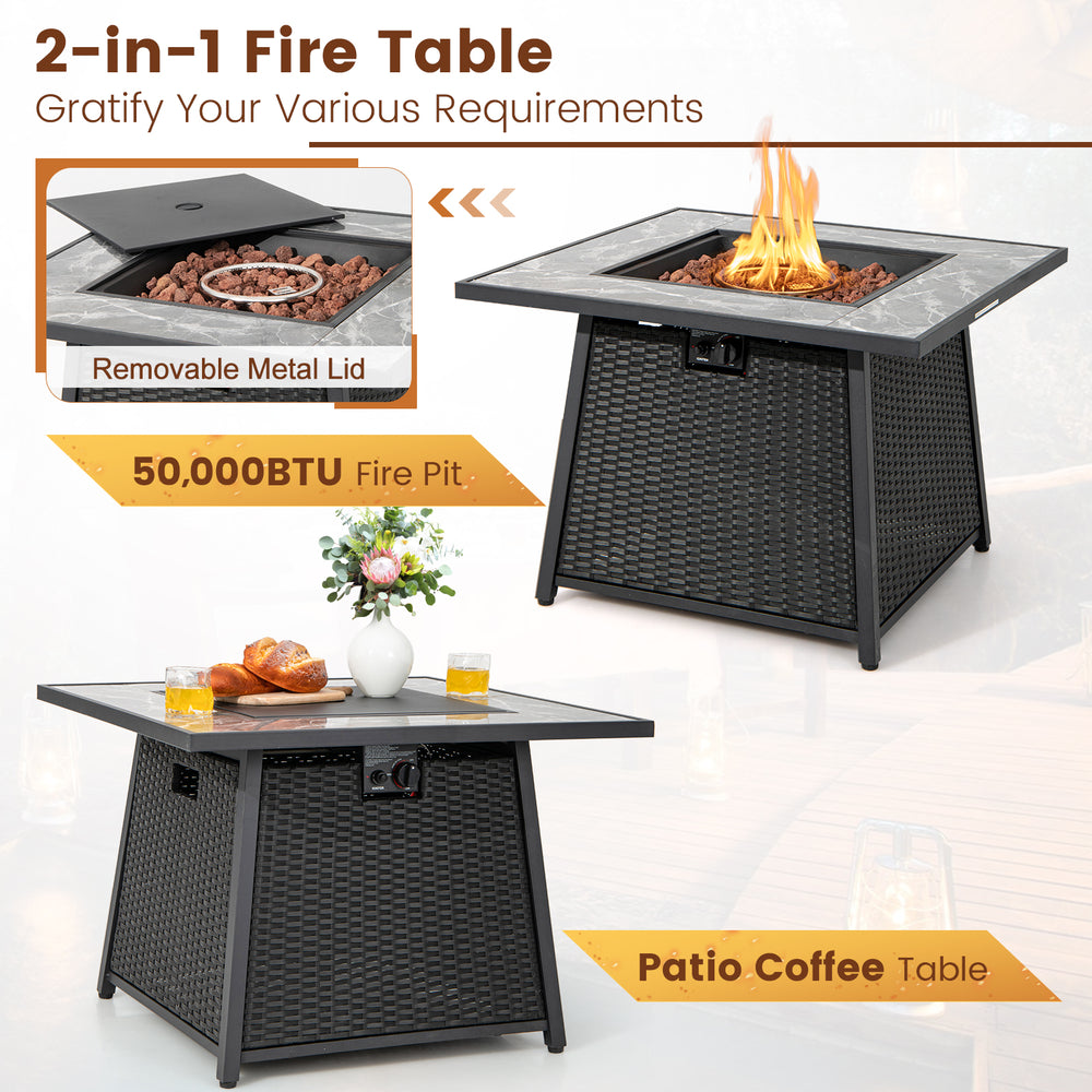 Patio coffee table with 50000 BTU fire pit, featuring a removable lid and durable PE wicker for outdoor use.