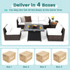 7-piece patio furniture set featuring a 50000 BTU fire pit table, soft cushions, and waterproof cover for outdoor use.