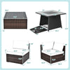 Detailed dimensions of the 7-piece patio furniture set with a 50000 BTU fire pit table and waterproof cover.