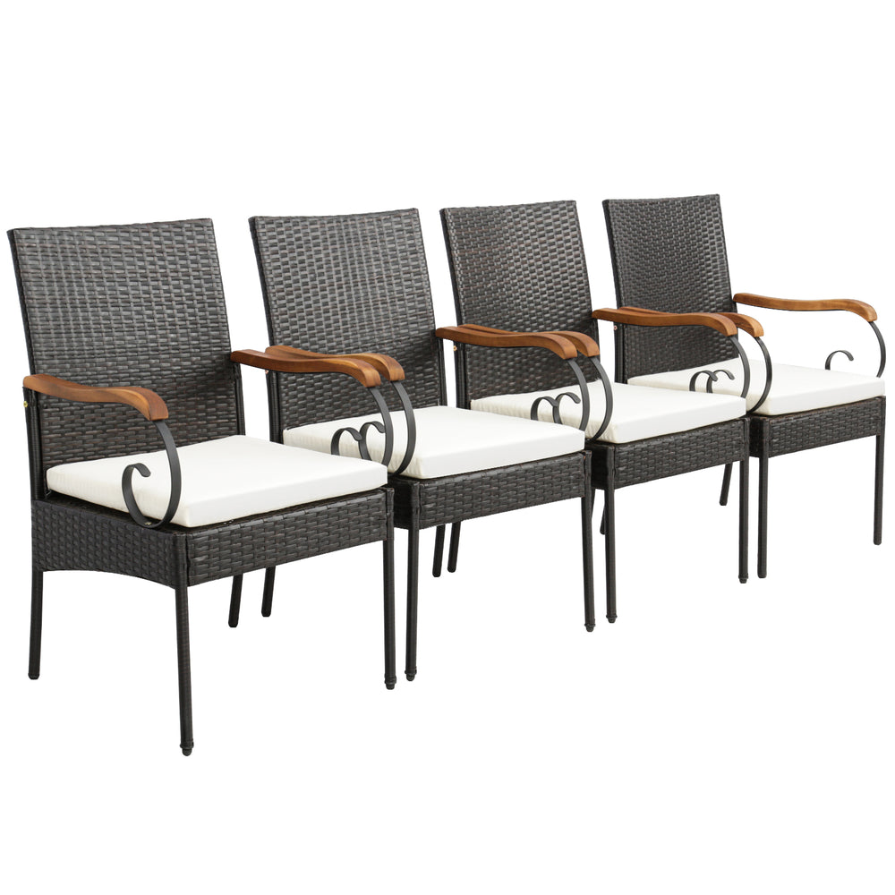 Four patio dining chairs with PE rattan, ergonomic cushions, and curved acacia wood armrests for outdoor relaxation.