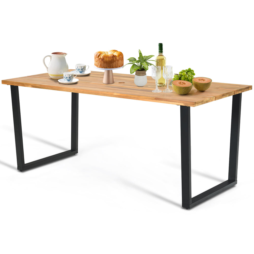 Acacia wood tabletop dining table with heavy-duty metal legs, perfect for outdoor patio gatherings and stability.