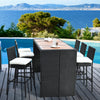 7-piece patio rattan wicker dining set with a table and 6 bar stools, perfect for outdoor gatherings by the pool.