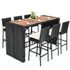 7-piece patio rattan wicker dining set with a rectangular table and 6 bar stools, perfect for outdoor gatherings.