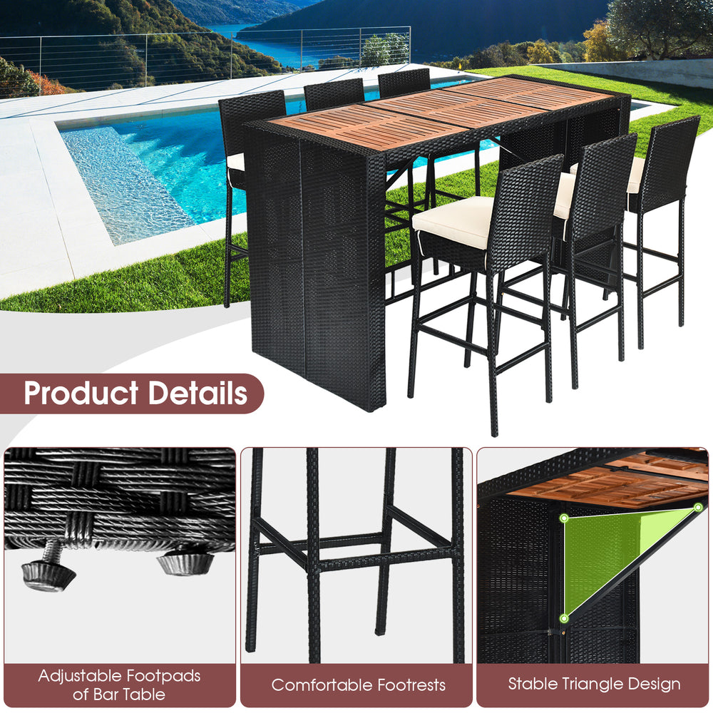 7-piece patio rattan wicker dining set featuring a sturdy table and 6 bar stools with cushions, ideal for outdoor use.
