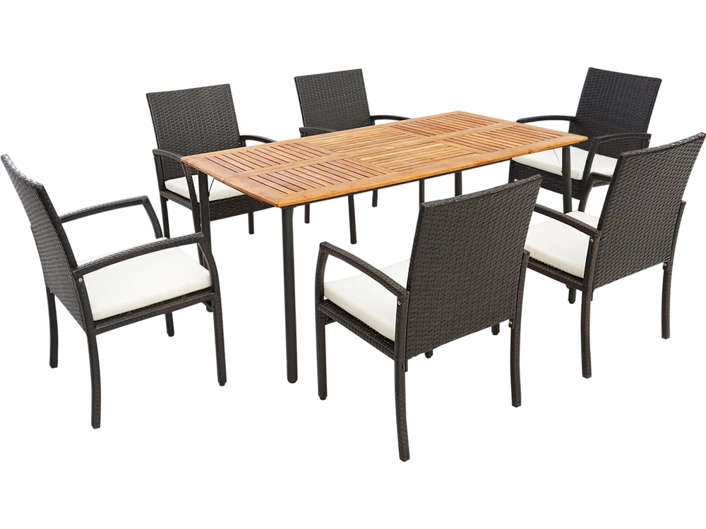 7 Pieces Patio Wicker Cushioned Dining Set with Umbrella Hole