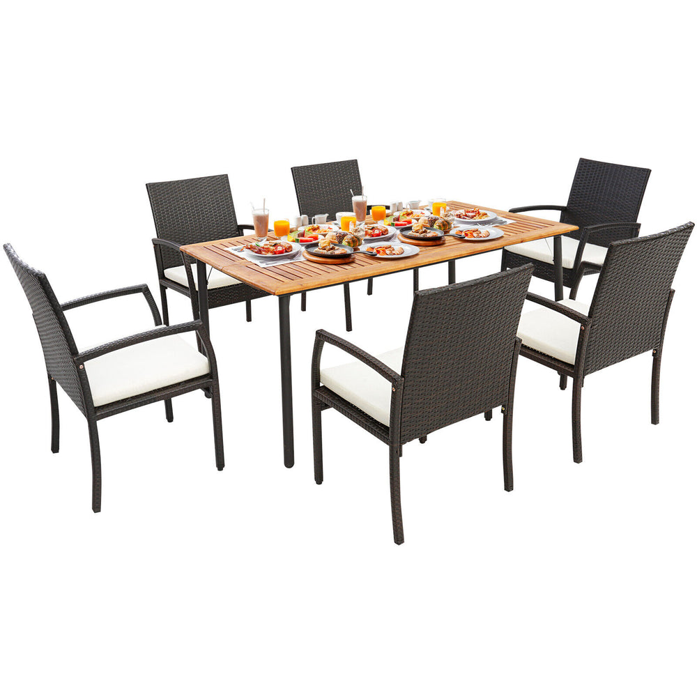 7-piece patio dining set featuring acacia wood tabletop, cushioned chairs, and umbrella hole for outdoor gatherings.