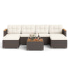 U-shaped 7-piece wicker conversation set with white cushions and acacia wood armrests, perfect for backyard relaxation.