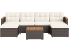 U-shaped 7-piece wicker conversation set with white cushions and acacia wood armrests for stylish backyard seating.