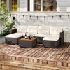 U-shaped wicker conversation set with white cushions and acacia wood armrests, perfect for backyard relaxation.