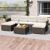 U-shaped 7-piece wicker conversation set with acacia wood armrests and cream cushions, perfect for backyard relaxation.