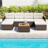 U-shaped 7-piece wicker conversation set with acacia wood armrests and cushions, perfect for backyard relaxation by the.