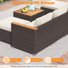 U-shaped 7-piece wicker conversation set with wood armrests, featuring cushioned seats for backyard relaxation.