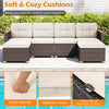 7-piece wicker conversation set with white cushions and wood armrests, ideal for backyard relaxation and comfort.