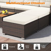 Multifunctional ottoman with cushioned seat, made of anti-fading rattan, for use as footrest or coffee table.