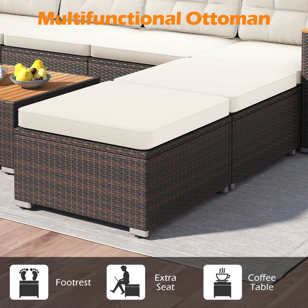 Multifunctional ottoman with cushioned seat, made of anti-fading rattan, for use as footrest or coffee table.