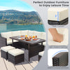 7-piece wicker patio furniture set with thick cushions and wide armrests, perfect for garden or poolside relaxation.