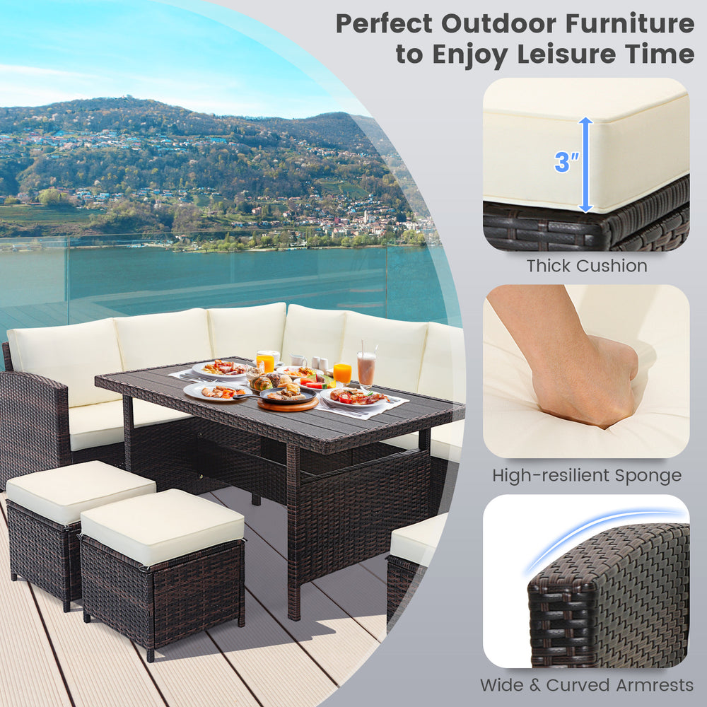 7-piece wicker patio furniture set with thick cushions and wide armrests, perfect for garden or poolside relaxation.