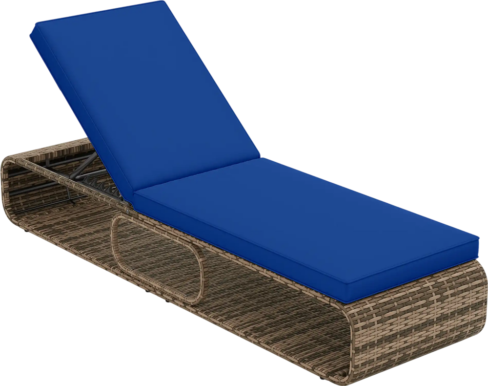 Navy blue cushion on a 7-position adjustable PE rattan chaise lounge chair for outdoor relaxation by the poolside.