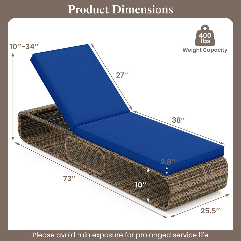 Adjustable PE rattan chaise lounge chair in navy with dimensions, perfect for poolside relaxation and sunbathing.