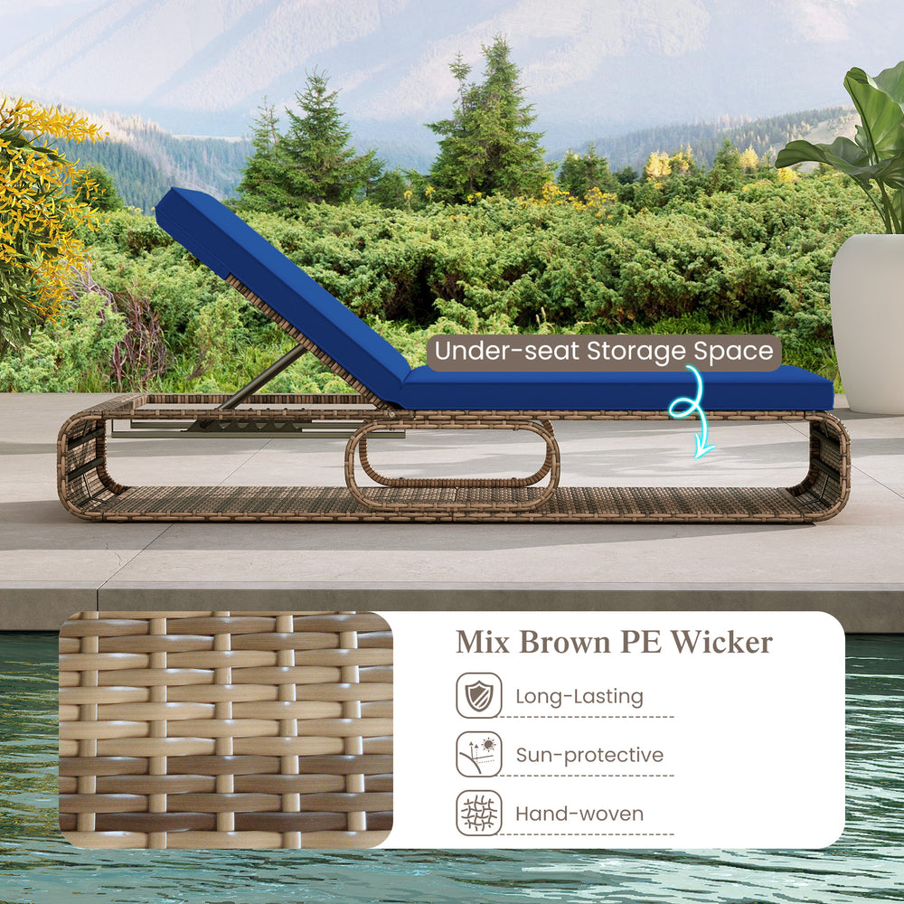 Adjustable PE rattan chaise lounge chair with navy cushion, featuring under-seat storage for outdoor relaxation.