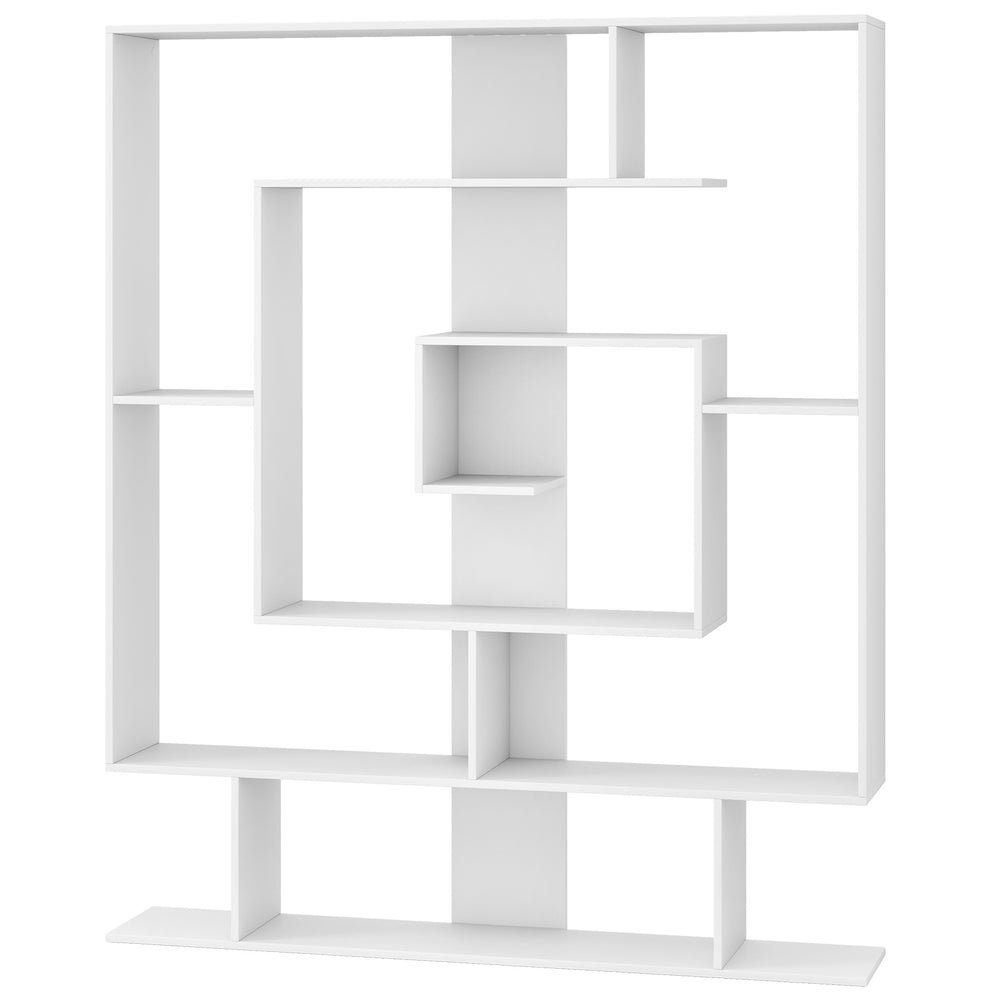 7-tier white bookshelf with a geometric design, featuring layered compartments for stylish storage in home or office.