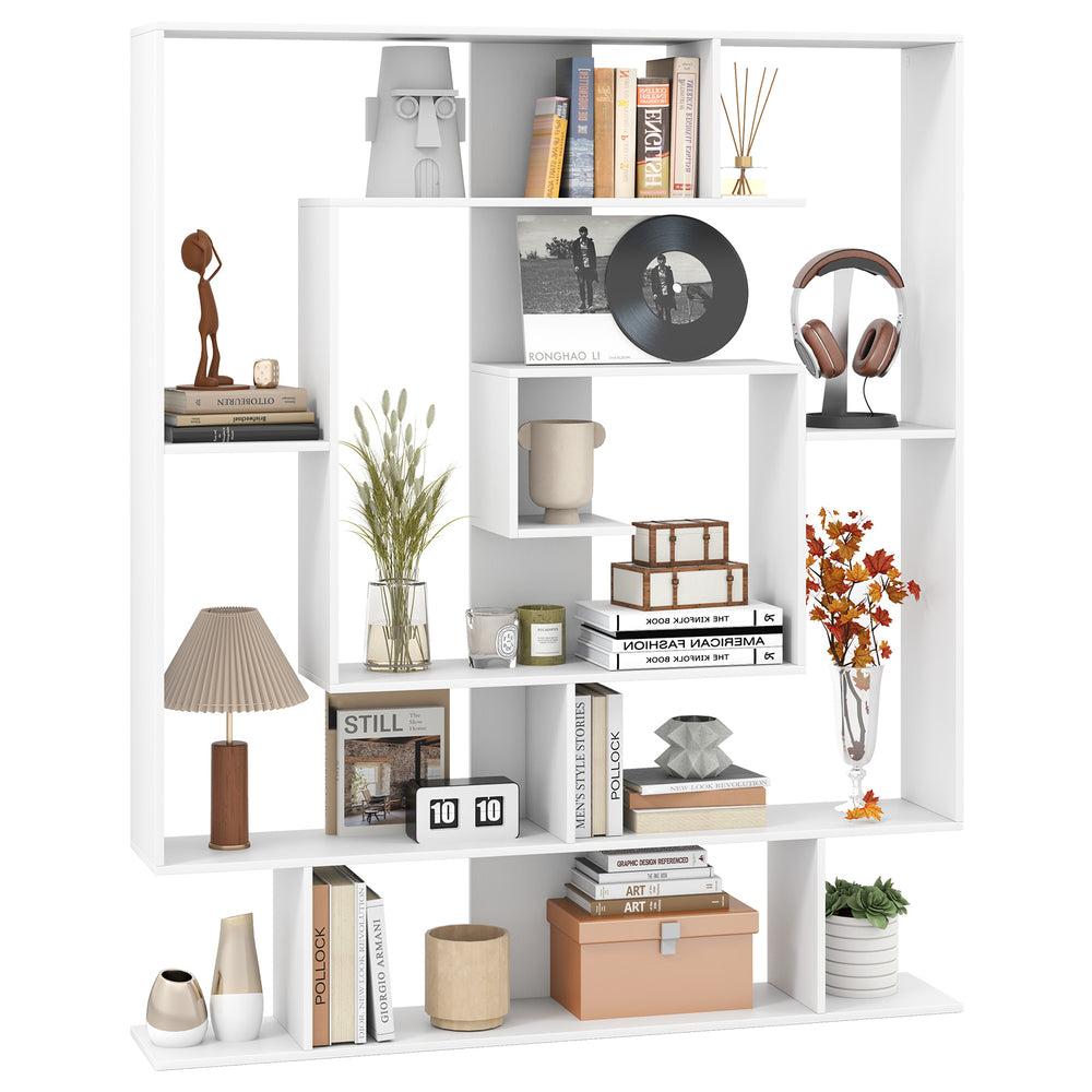 7-tier white bookshelf with layered compartments, decorative items, and a geometric design for home office storage.
