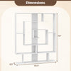 7-tier white bookshelf dimensions showing a geometric design, ideal for home office or living room storage solutions.